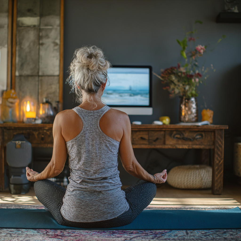 Жінка 52 років практикує йогу вдома перед комп'ютером, слідуючи онлайн-заняттю