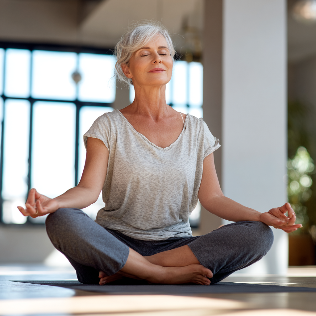 Жінка віком 55 років виконує легку асану йоги в світлій студії, демонструючи спокій та зосередженість