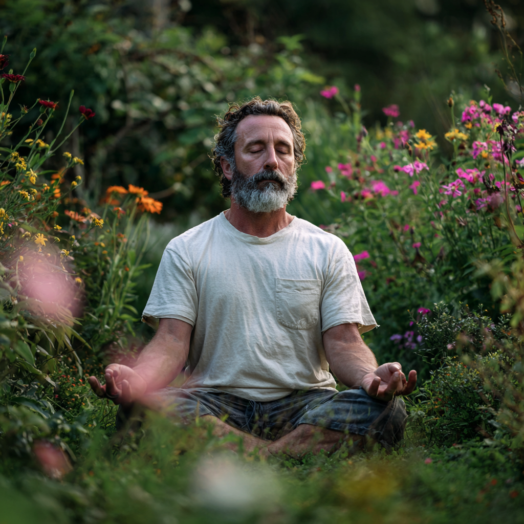 Чоловік 58 років медитує у позі лотоса на природі, оточений зеленню та квітами
