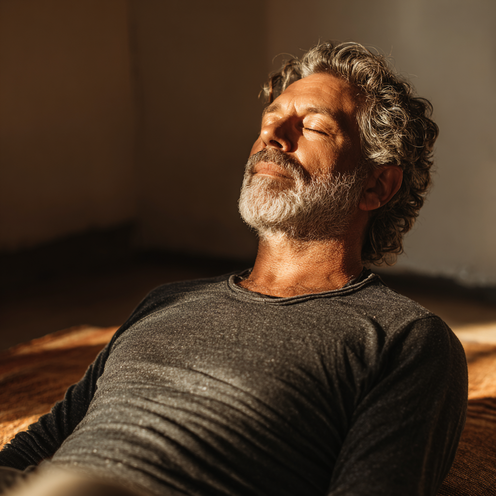 Чоловік 60 років виконує дихальні вправи, сидячи у зручній позі з заплющеними очима